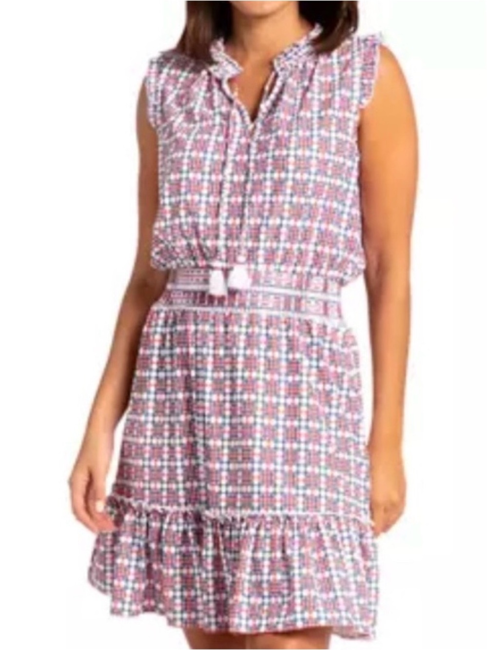 NWOT Cabana Life UPF 50+ Red, Blue & White Sleeveless Tie-Waist Ruffle Dress
